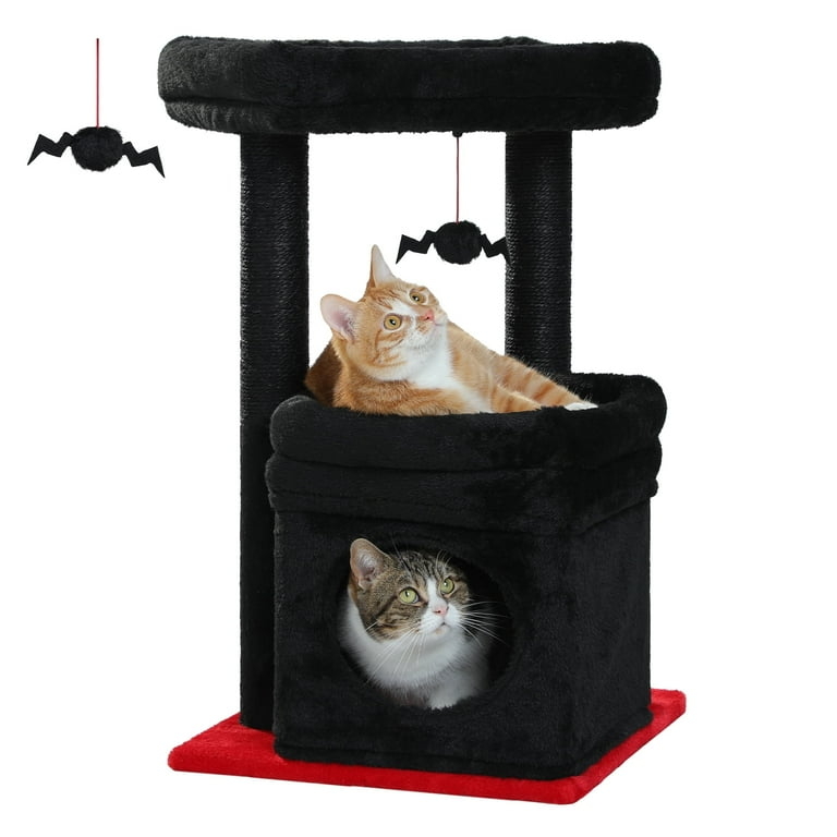 Cat Tree Spider Toys Red Base Black Plush Enclosed Condo