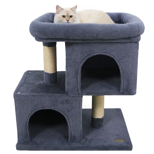 Cat Tree, Staggered Levels, Charcoal Grey Plush, Bolster Rim Perch