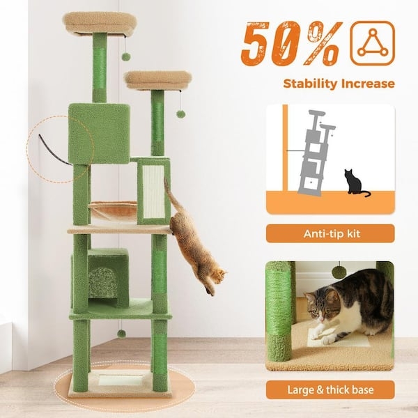Cat Tree Tall Tower Forest Green with Stability Anchors Anti-Tip