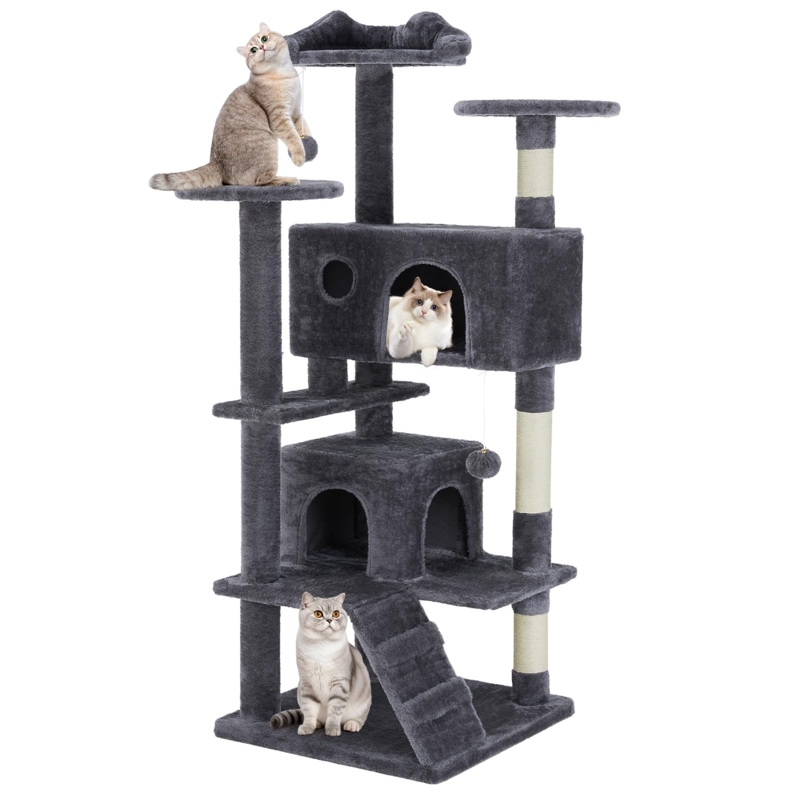 Cat Tree Tower, Integrated Ladder, Dark Grey Plush, Enclosed Condos