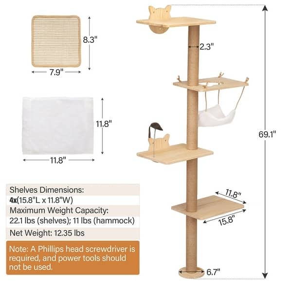 Cat Tree Vertical Space Saving Cat Ear Details Natural Wood Finish
