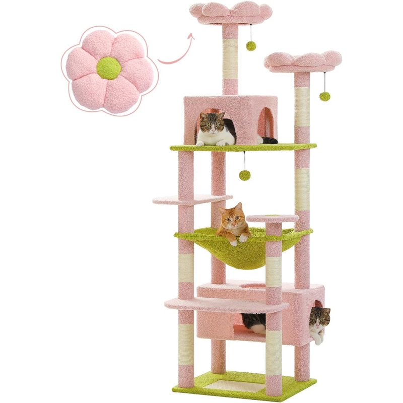 Cat Tree Whimsical Floral Pink & Lime Green Flower Perches Tower