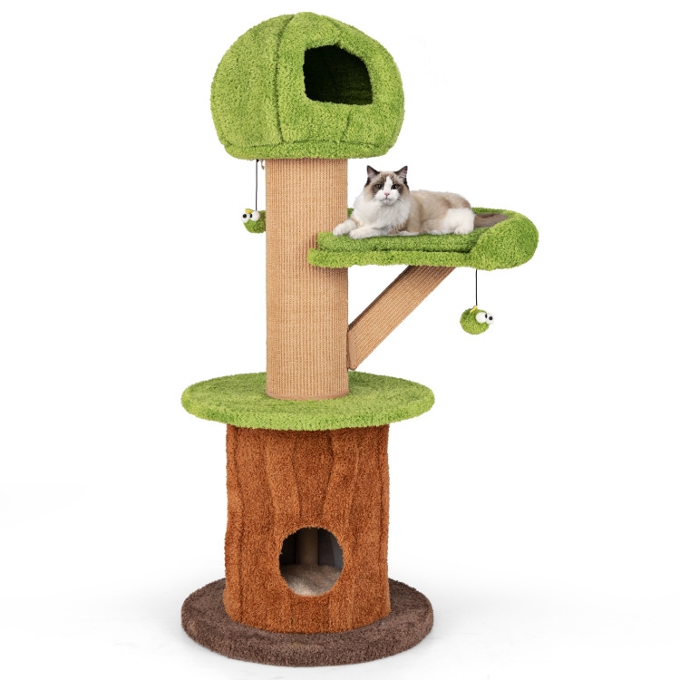 Cat Tree Whimsical Mushroom Design Shaggy Green Tree Trunk Condo
