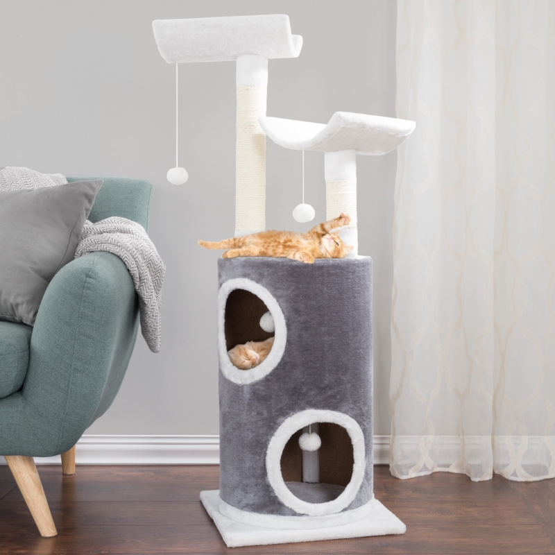 Cat Tree with Curved Perches, Dual Condos, Plush Finish, Modern Design