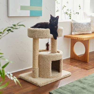 Cat Tree With Oval Perch & Enclosed Condo, Beige Carpet