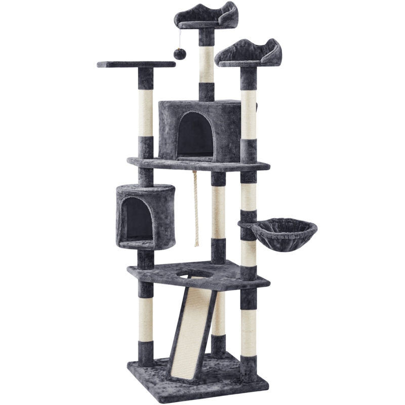 Cat Tree With Scratching Ramp & Dual Condos, Charcoal Gray