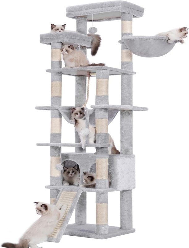 Cat Tree with Side Hammock, Light Gray Plush, Scratching Ramp Base