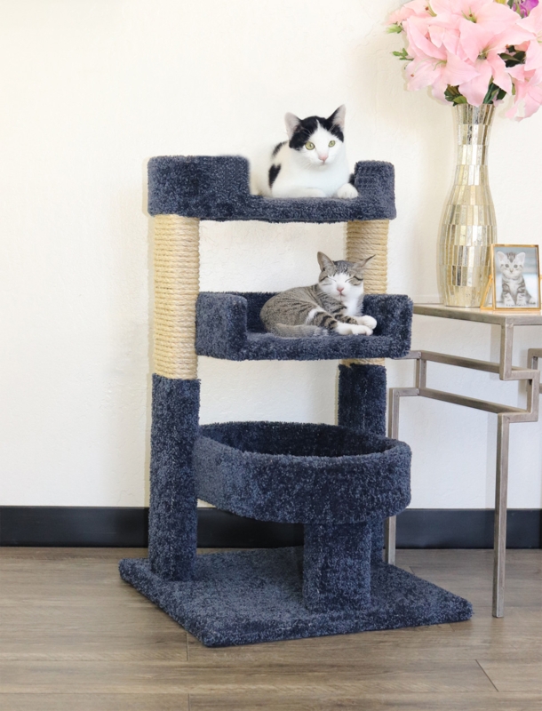 Cat Tree With Triple Perch & Navy Blue Plush, Sisal Posts