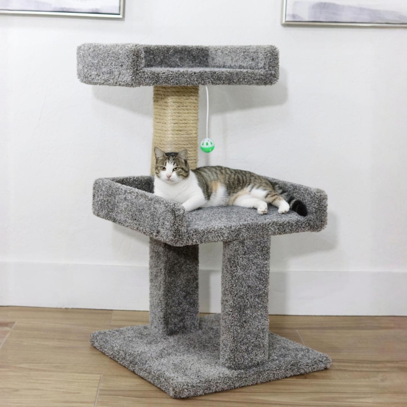 Cat Tree With U-Shaped Perches & Hanging Toy, Gray Carpet