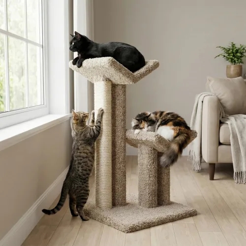 Cat Tree With V-Shaped Perches & All-Over Carpet, Beige