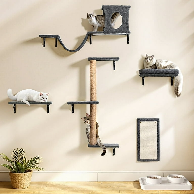 Cat Wall Furniture Set Grey Plush Modular Arrangement Cat House