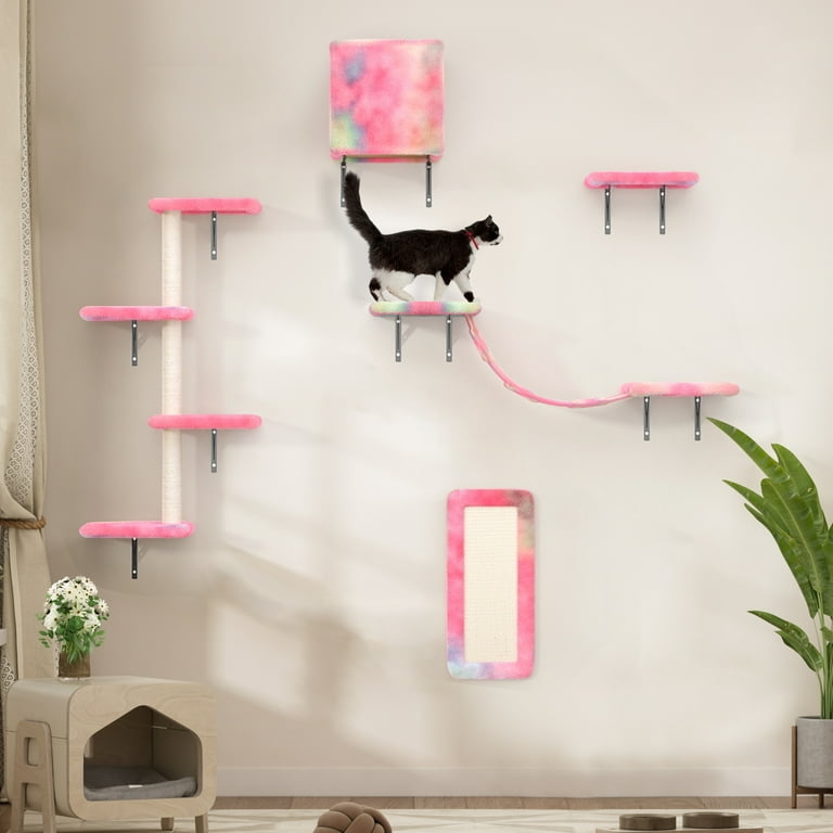 Cat Wall Shelves Set Pink Tie-Dye Plush Fabric Bridge (59 chars)