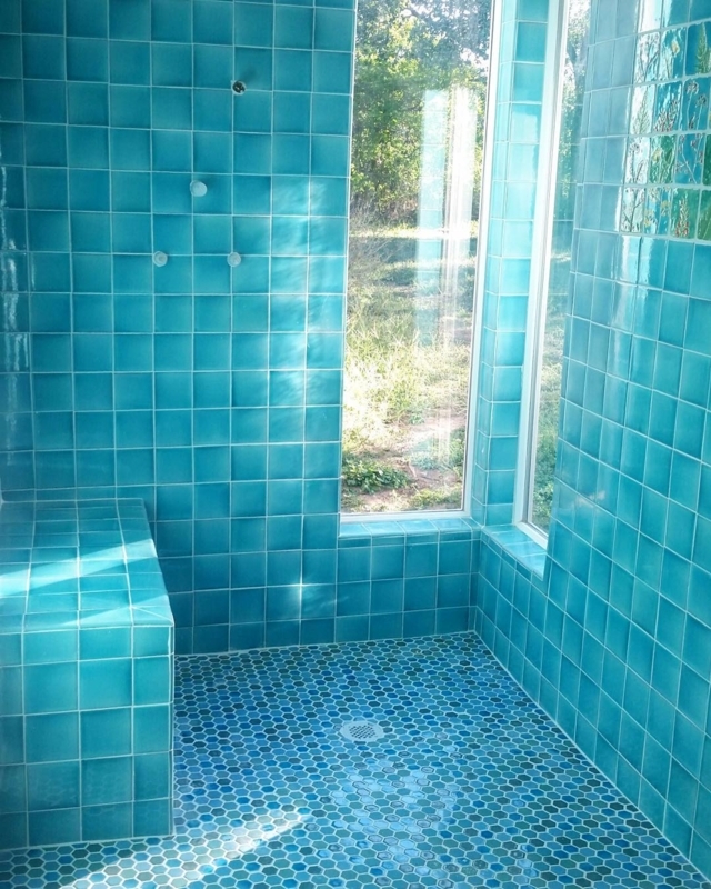 Ceramic Tile: Crackle Glaze Glossy Hexagonal Mosaic Floor Shower Bench Coastal