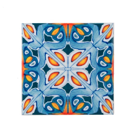 Ceramic Tile Intricate Radial Symmetry Vibrant Blue Orange Glossy