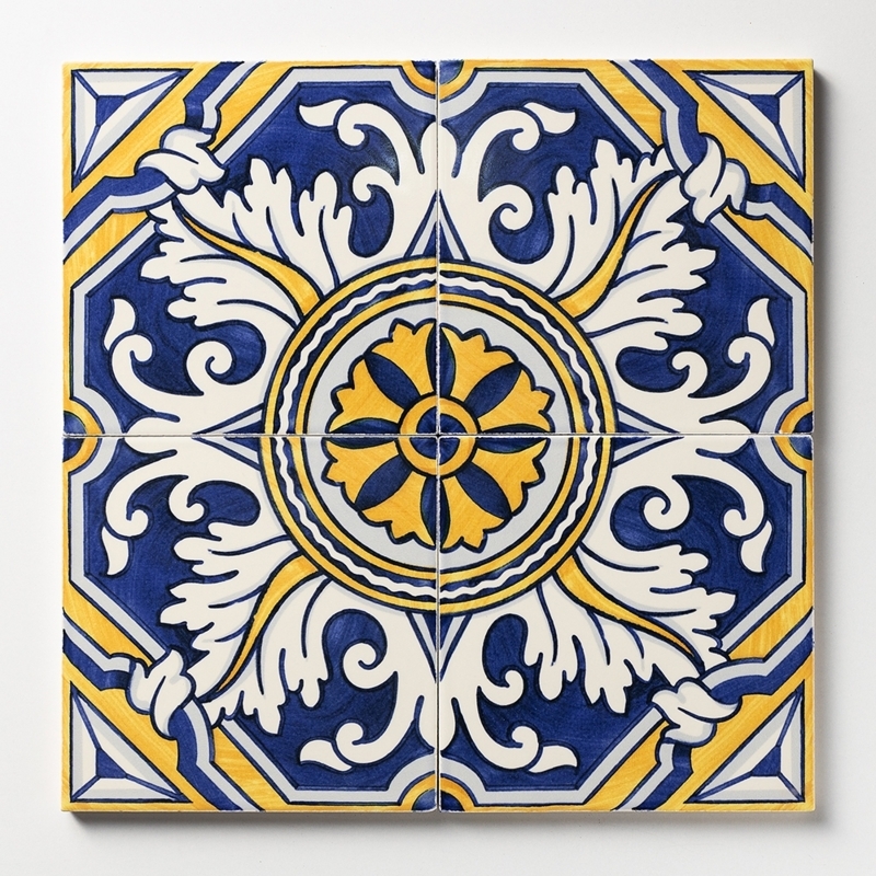 Ceramic Tile Kaleidoscope Pattern High Contrast Glossy Blue And Yellow
