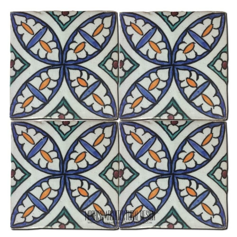 Ceramic Tile Moorish Floral Design Hand Painted Look Navy Orange