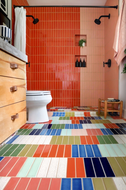 Ceramic Tile Orange Peach Vertical Color Block Patchwork Floor