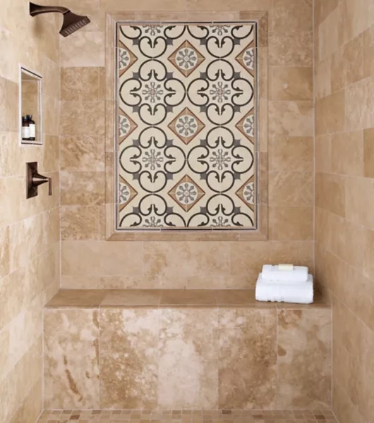 Ceramic Tile Tonal Stone Look Shower Wall with Decorative Medallion