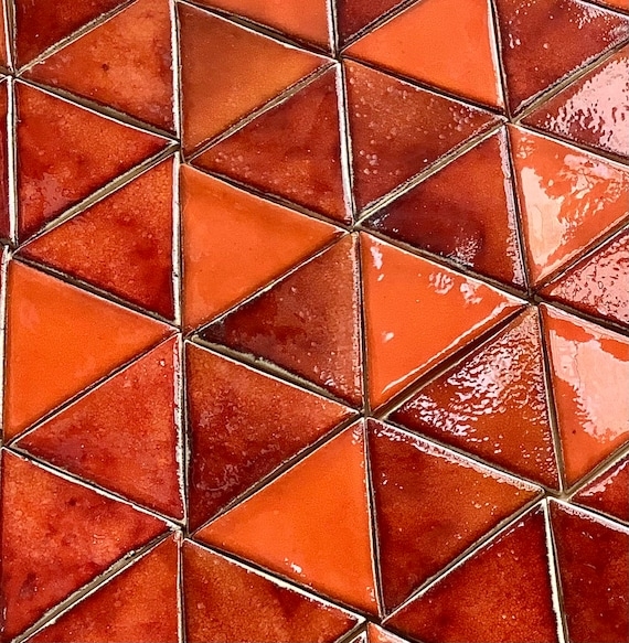 Ceramic Tile Triangular Red Orange Volcanic Glaze Handmade
