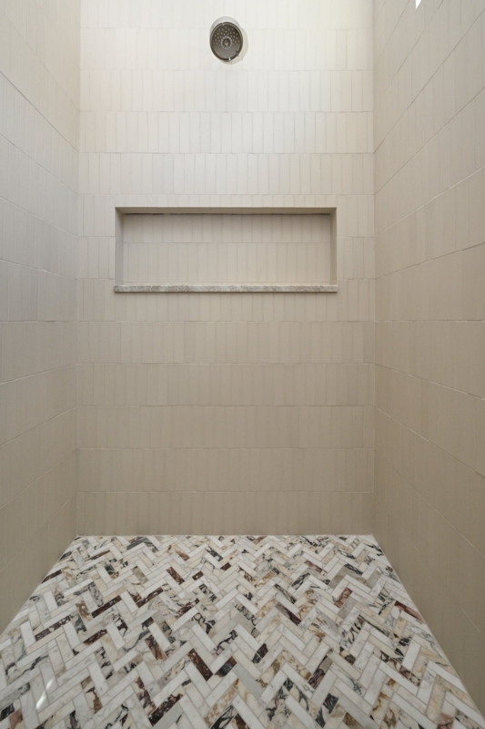 Ceramic Tile Vertical Stacked Latte Beige Matte Minimalist Walk-In Shower