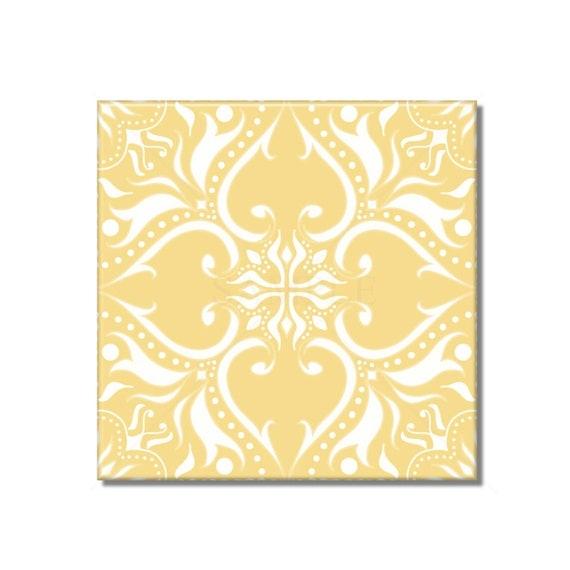 Ceramic Tile Yellow White Damask Pattern Square Symmetrical Scrollwork