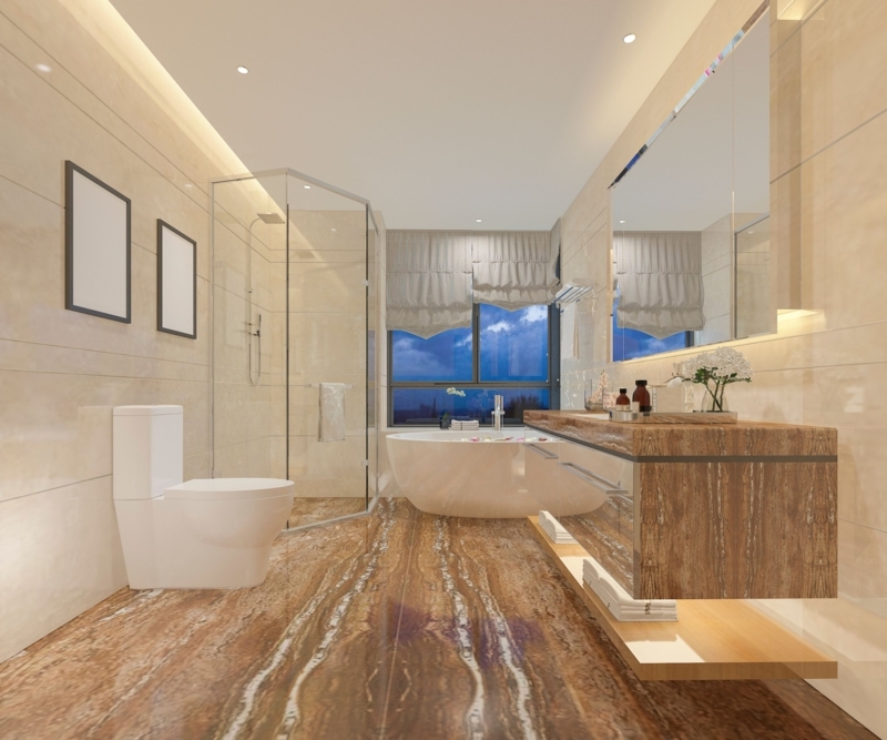Ceramic Wall Tiles: Veined Stone Flooring & Floating Wood Vanity