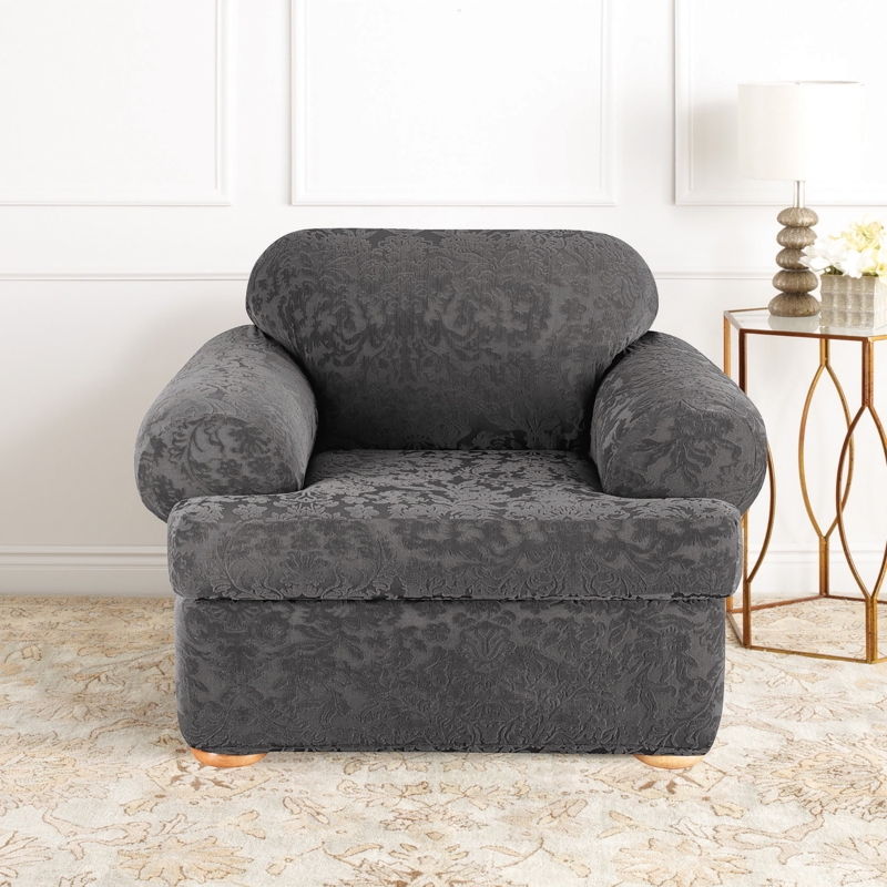 Chair Slipcover Charcoal Gray Damask Pattern Jacquard Weave Stretch