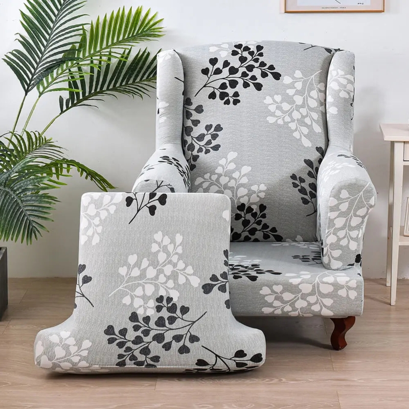 Chair Slipcover Grey Botanical Print Wingback Silhouette Two-Piece