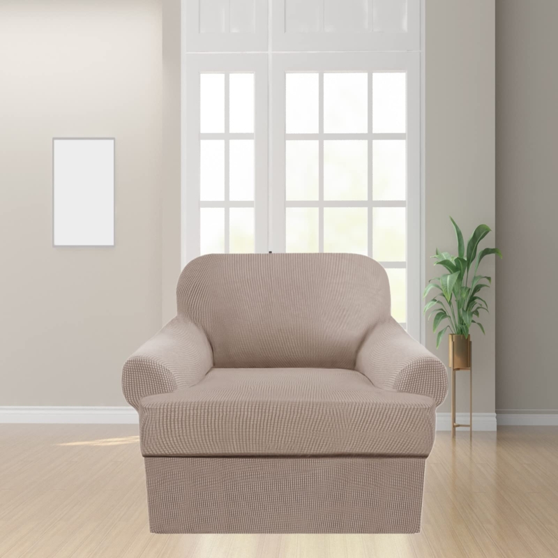 Chair Slipcover Khaki Waffle Knit Texture T-Cushion Transitional Style