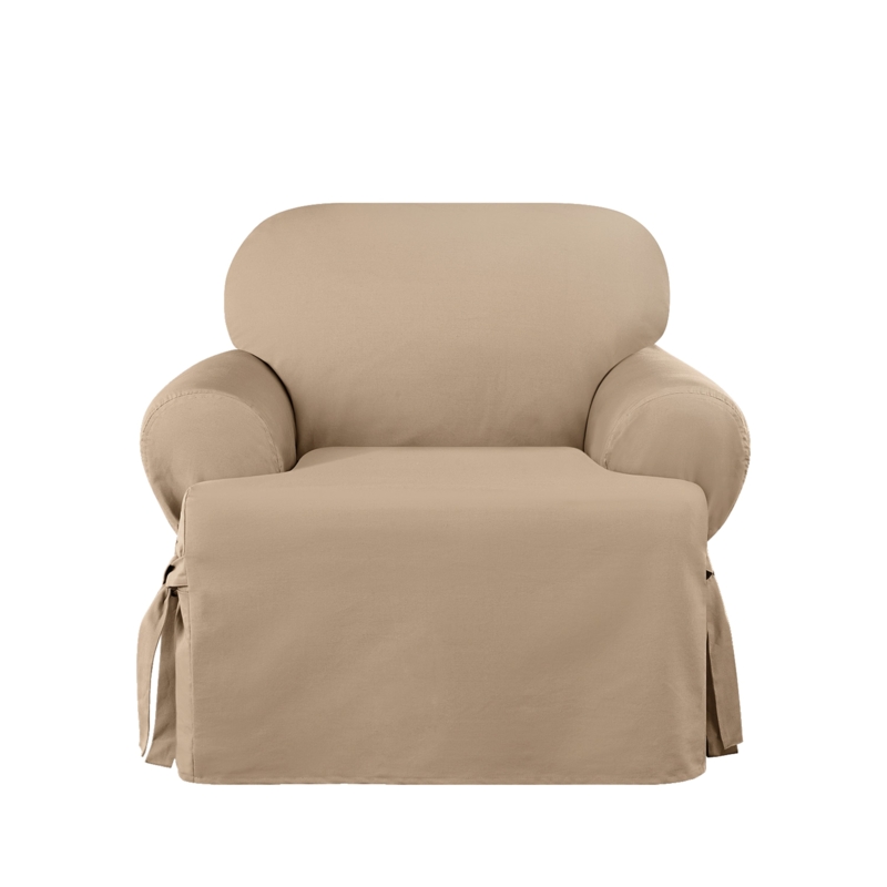 Chair Slipcover Tan Cotton Canvas Corner Ties Tailored Skirt T-Cushion