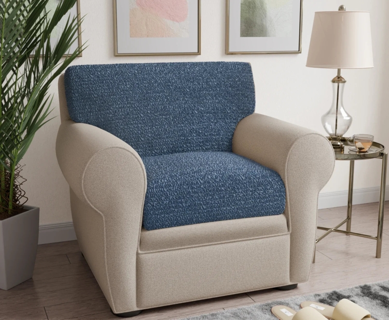 Chair Slipcover Textured Blue Popcorn Boucle Rolled Arms Two-Piece