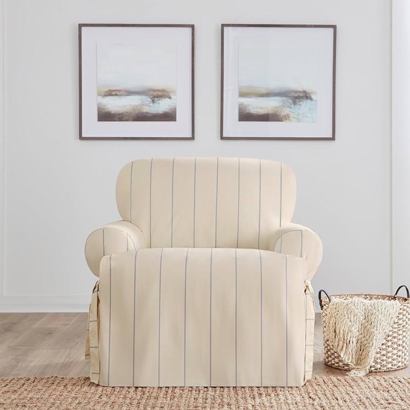 Chair Slipcover Vertical Pinstripes Cream Blue Skirted Coastal