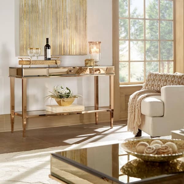 Champagne Gold Console Table with Mirrored Drawer & Open Shelf