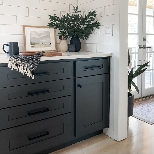 Charcoal Base Cabinets Matte Black Bar Pulls White Subway Tile
