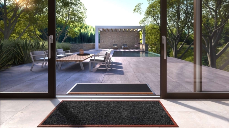 Charcoal Doormat Extra Large Wood Toned Trim Minimalist Patio Design