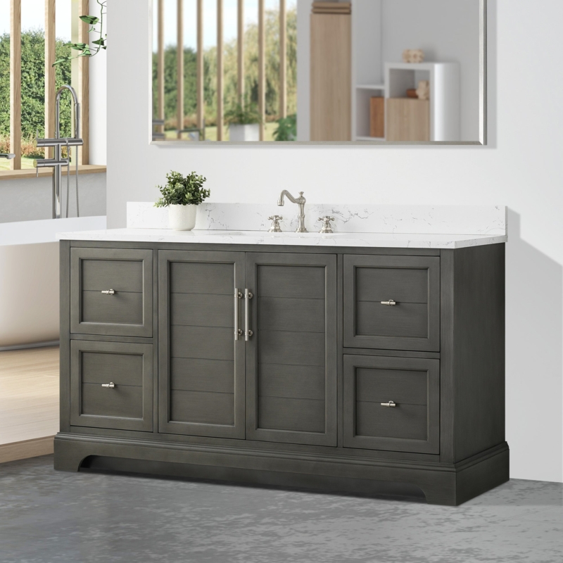 Charcoal Gray Bathroom Vanity, Slat Doors & Marble-Like Top