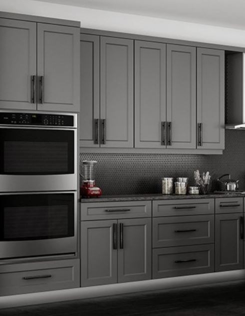 Charcoal Gray Shaker Cabinets with Honeycomb Backsplash & Lighting