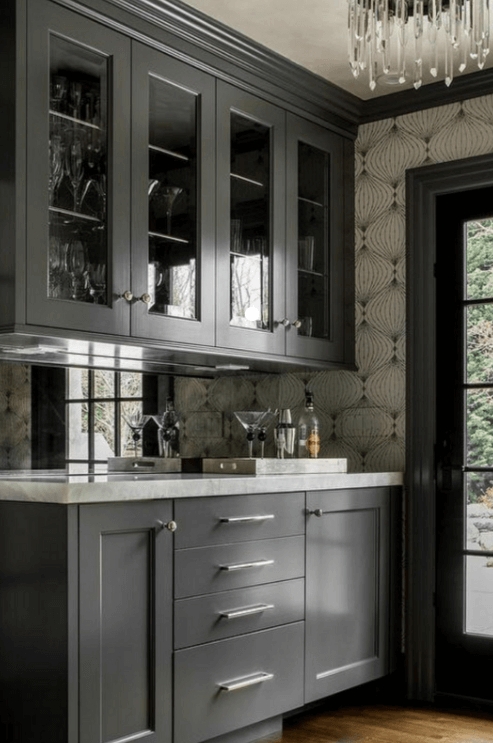 Charcoal Grey Home Bar Cabinets with Mirrored Backsplash & Wallpaper