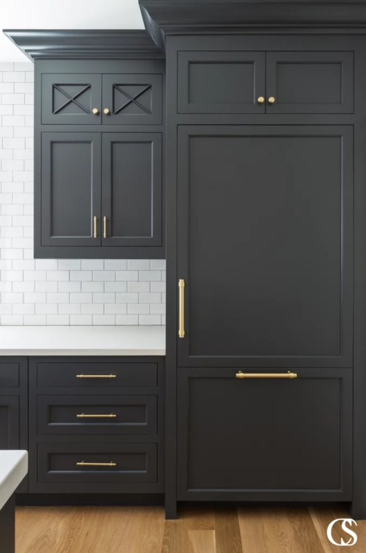 Charcoal Grey Kitchen Cabinets Integrated Refrigerator Panels Gold