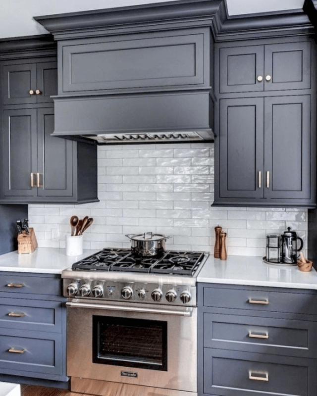 Charcoal Grey Shaker Cabinets with Textured Subway Tile & Gold Hardware