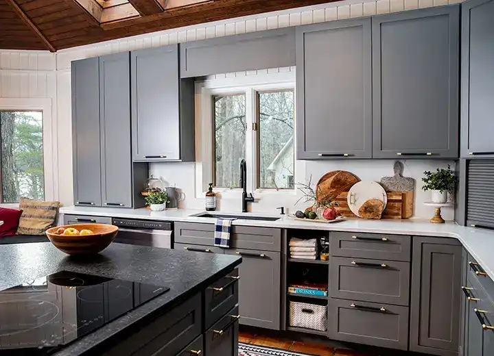 Charcoal Grey Shaker Kitchen Cabinets with Vaulted Wood Ceiling