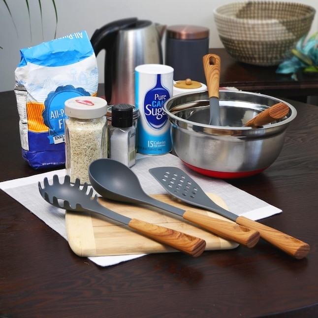 Charcoal Grey Utensil Set Wood Toned Handles Hanging Loops