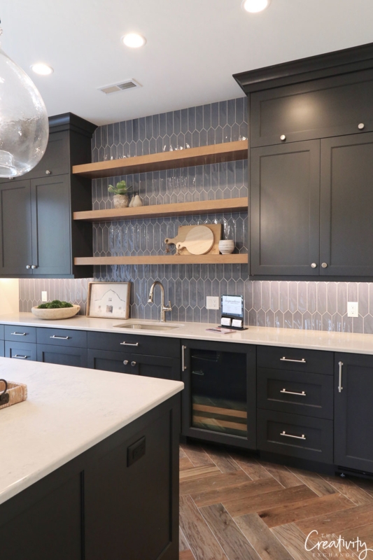 Charcoal Kitchen Cabinetry Picket Tile Backsplash Herringbone Wood Floor