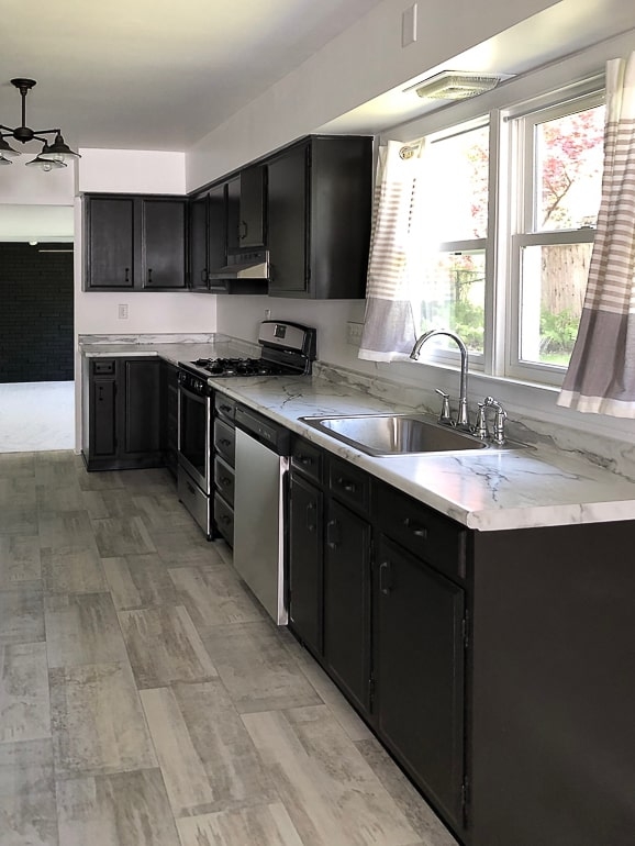 Charcoal Kitchen Cabinets Marble Look Countertop Wood Look Tile Floor