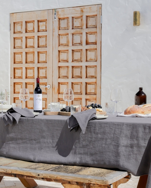 Charcoal Linen Tablecloth for Rustic Outdoor Dining with Matching Napkins.