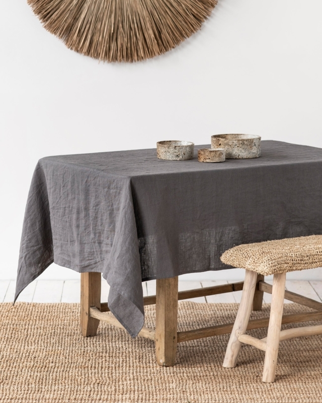 Charcoal Linen Tablecloth with Wrinkle Texture for Rustic Minimalist Dining.