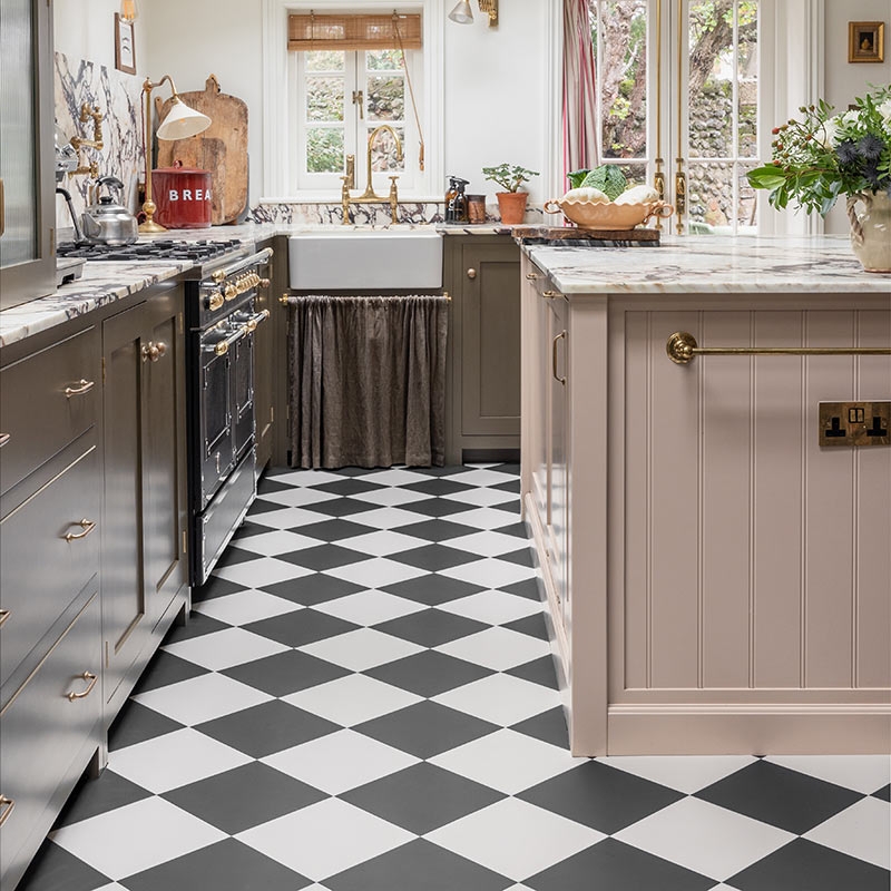 Checkerboard Flooring Black And White Tile Sage Green Kitchen Cabinets