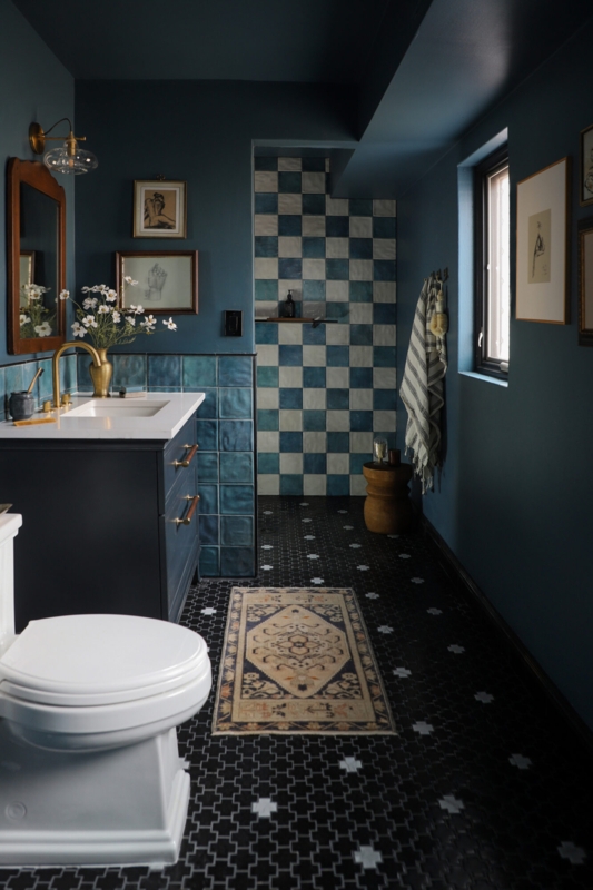 Checkerboard Tile Wall Glazed Ceramic Moody Blue Bathroom Design