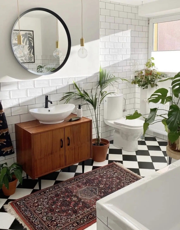 Checkered Floor Tile, Black & White Boho Bathroom with Vanity