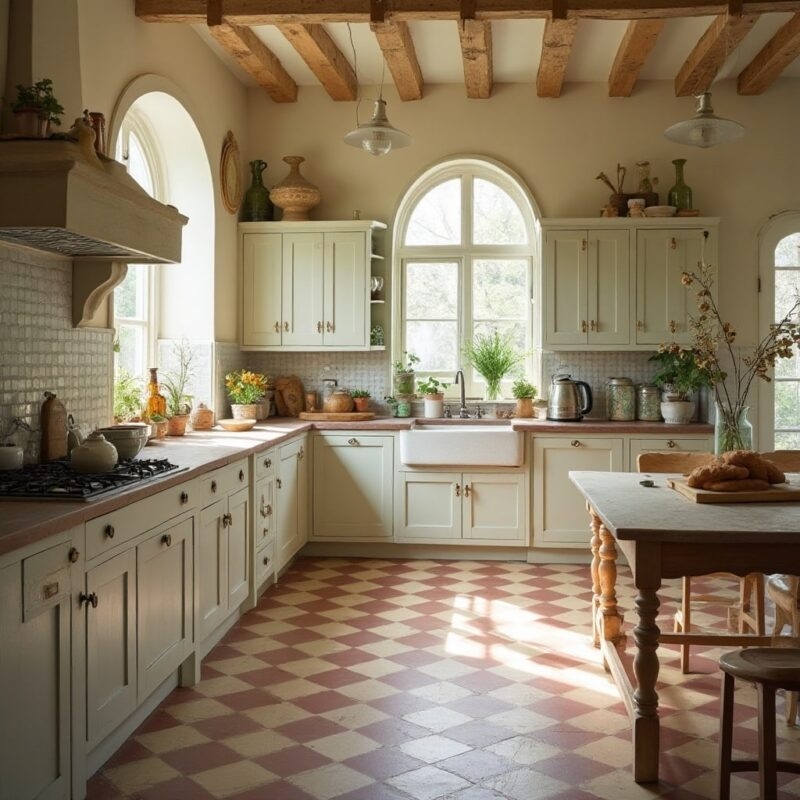 Checkered Floor with Terracotta and Cream Tiles in Sage Green Kitchen